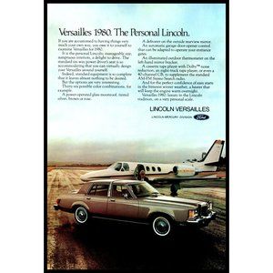1980 Lincoln Versailles Luxury Car Vintage Print Ad Airport Private Plane Decor